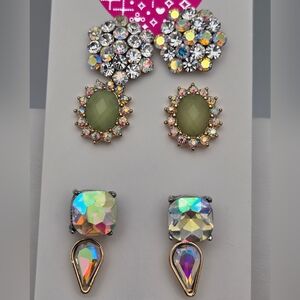 Vintage Set of 4 Aurora Borealis & Green Rhinestone Stud Earrings